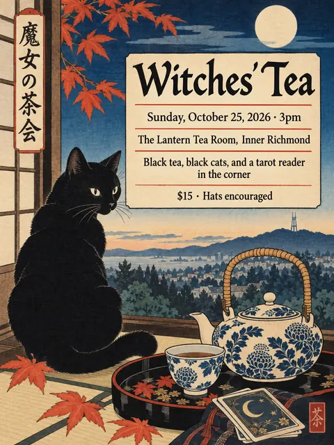 Ukiyo-e / Japanese Woodblock style party flyer for a fictional halloween: Witches' Tea