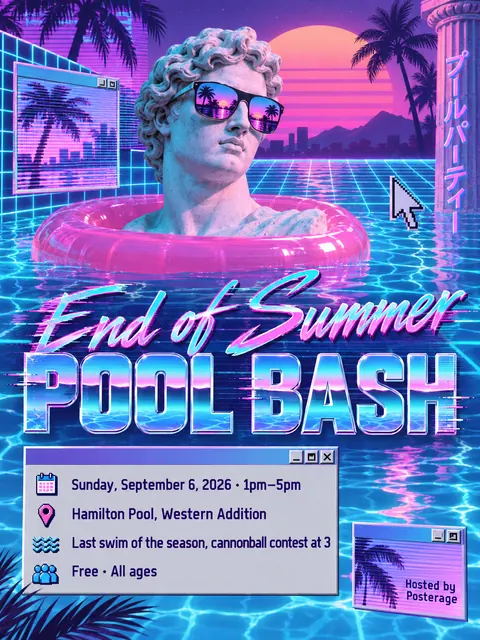 Vaporwave style party flyer for a fictional pool: End of Summer Pool Bash