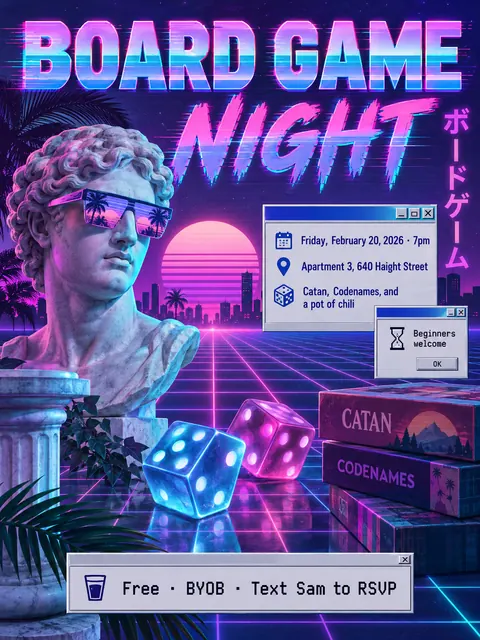 Vaporwave style party flyer for a fictional house: Board Game Night