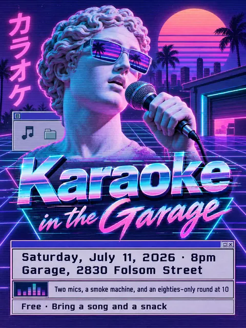 Vaporwave style party flyer for a fictional house: Karaoke in the Garage