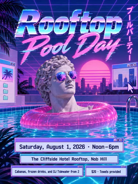 Vaporwave style party flyer for a fictional pool: Rooftop Pool Day