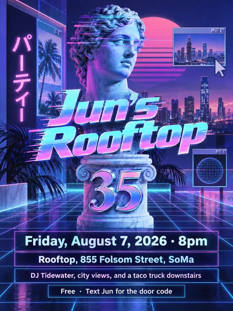 Vaporwave style party flyer for a fictional birthday: Jun's Rooftop 35