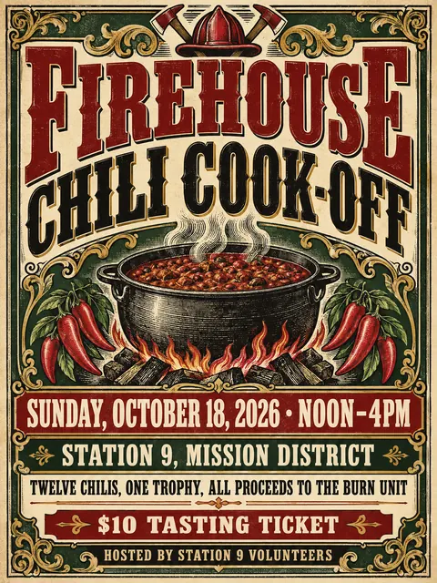 Victorian Broadside style party flyer for a fictional fundraiser: Firehouse Chili Cook-off