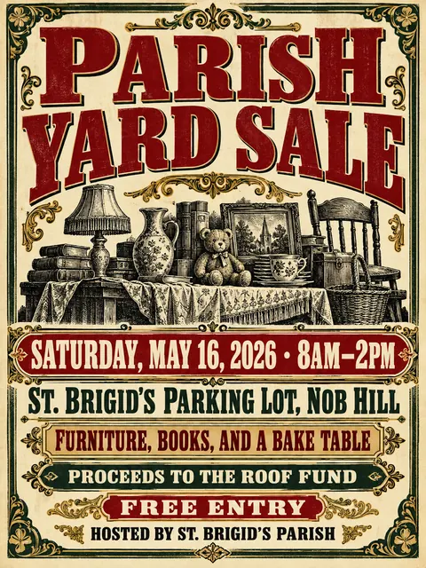 Victorian Broadside style party flyer for a fictional church: Parish Yard Sale