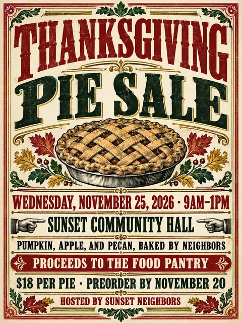 Victorian Broadside style party flyer for a fictional bake-sale: Thanksgiving Pie Sale