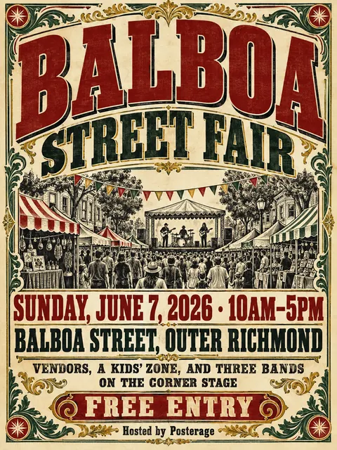 Victorian Broadside style party flyer for a fictional block: Balboa Street Fair