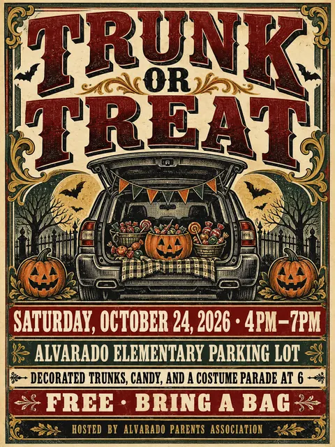 Victorian Broadside style party flyer for a fictional halloween: Trunk or Treat