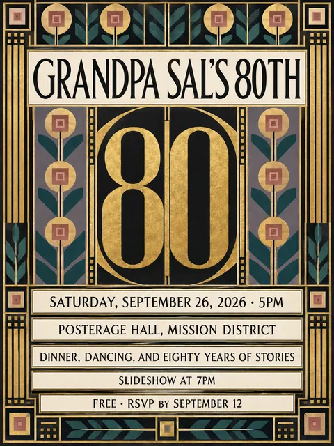 Vienna Secession style party flyer for a fictional birthday: Grandpa Sal's 80th