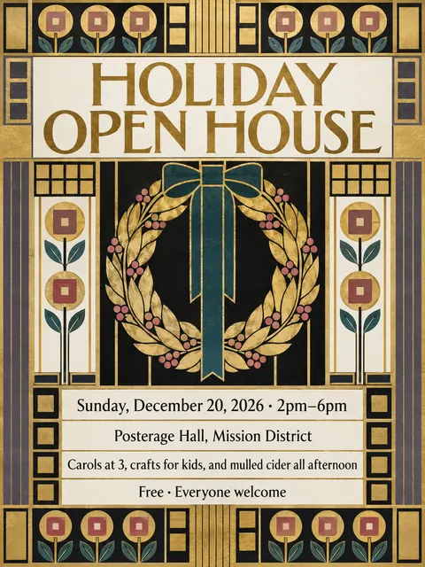 Vienna Secession style party flyer for a fictional holiday: Holiday Open House