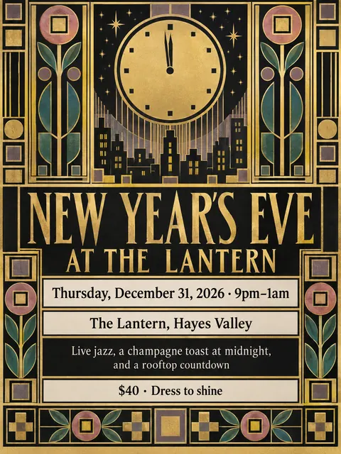 Vienna Secession style party flyer for a fictional holiday: New Year's Eve at the Lantern