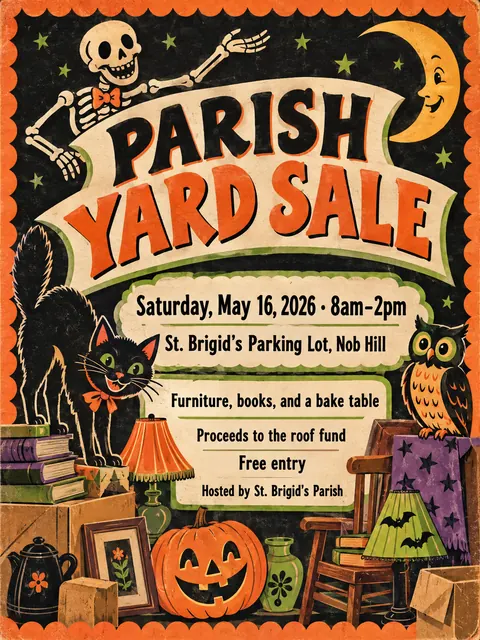 Vintage Halloween style party flyer for a fictional church: Parish Yard Sale