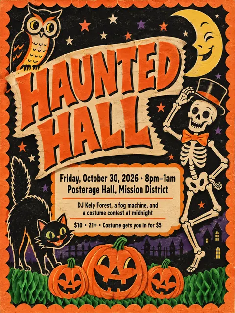 Vintage Halloween style party flyer for a fictional halloween: Haunted Hall