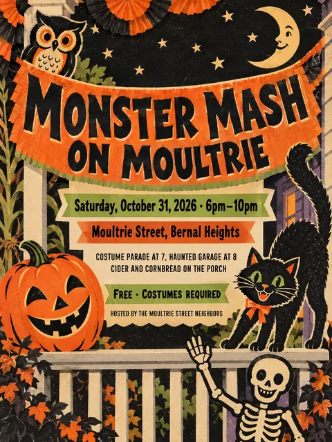 Vintage Halloween style party flyer for a fictional halloween: Monster Mash on Moultrie
