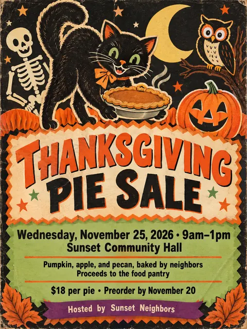 Vintage Halloween style party flyer for a fictional bake-sale: Thanksgiving Pie Sale