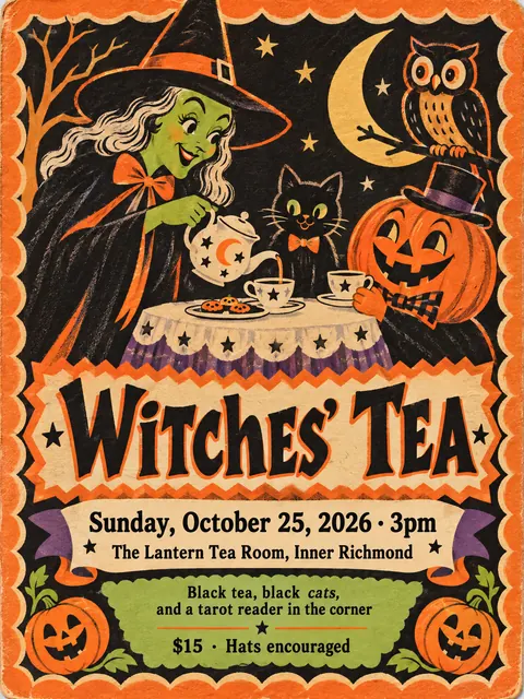 Vintage Halloween style party flyer for a fictional halloween: Witches' Tea