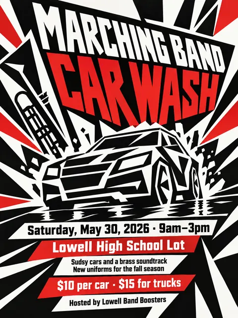 Vorticism style party flyer for a fictional car-wash: Marching Band Car Wash