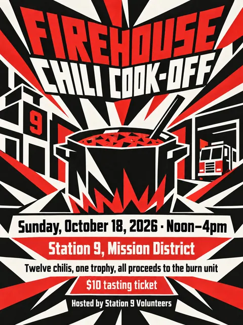 Vorticism style party flyer for a fictional fundraiser: Firehouse Chili Cook-off