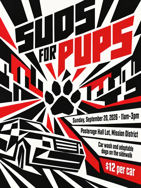 Vorticism style party flyer for a fictional car-wash: Suds for Pups