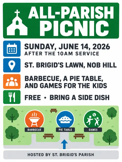 Wayfinding / Signage style party flyer for a fictional church: All-Parish Picnic