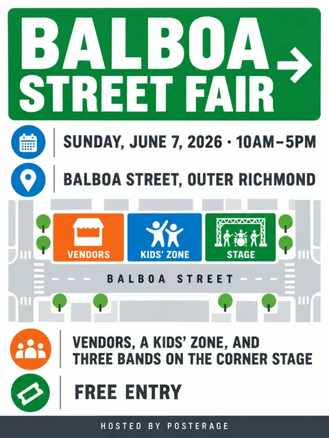 Wayfinding / Signage style party flyer for a fictional block: Balboa Street Fair