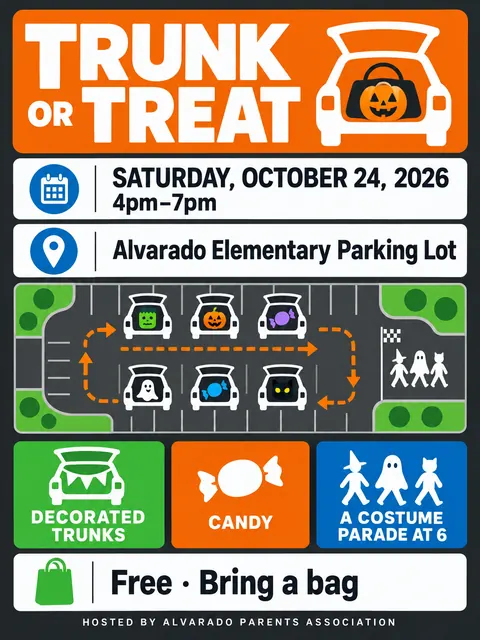 Wayfinding / Signage style party flyer for a fictional halloween: Trunk or Treat