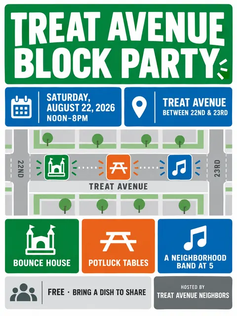 Wayfinding / Signage style party flyer for a fictional block: Treat Avenue Block Party