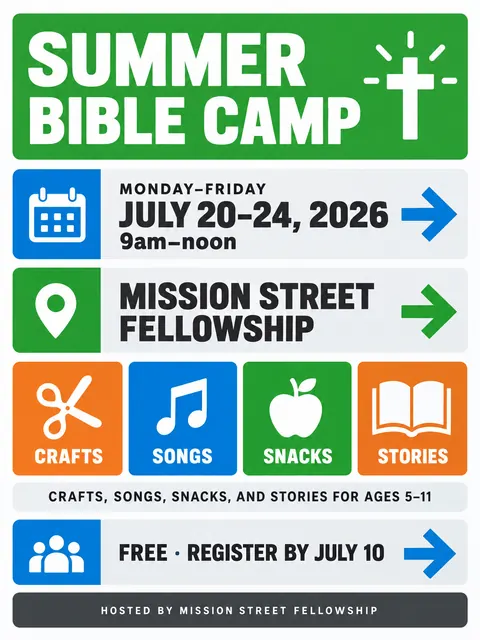 Wayfinding / Signage style party flyer for a fictional church: Summer Bible Camp