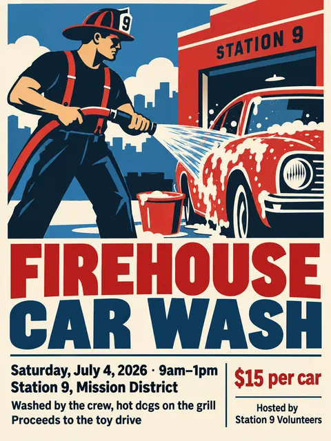 WPA / New Deal style party flyer for a fictional car-wash: Firehouse Car Wash