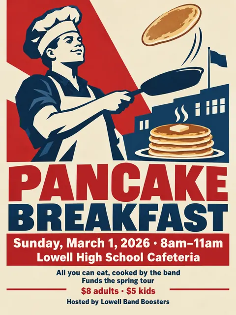 WPA / New Deal style party flyer for a fictional fundraiser: Pancake Breakfast