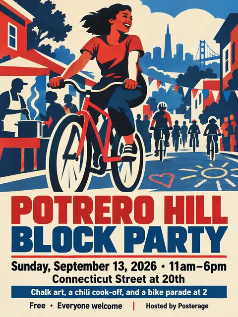 WPA / New Deal style party flyer for a fictional block: Potrero Hill Block Party