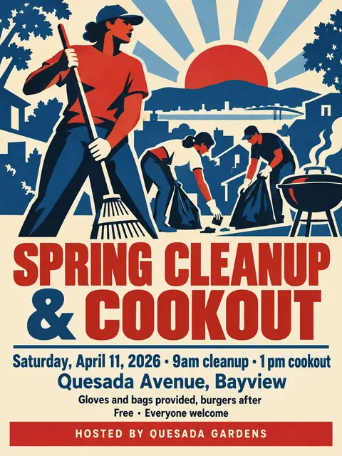 WPA / New Deal style party flyer for a fictional block: Spring Cleanup & Cookout