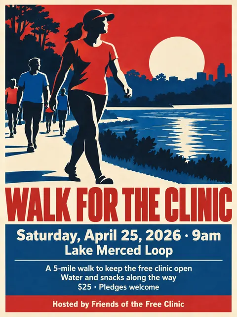 WPA / New Deal style party flyer for a fictional fundraiser: Walk for the Clinic