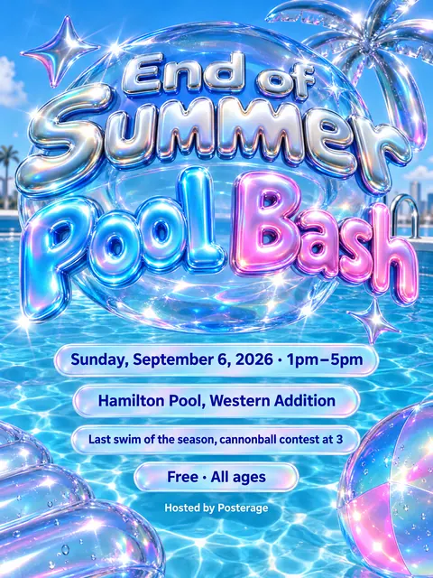 Y2K Chrome style party flyer for a fictional pool: End of Summer Pool Bash