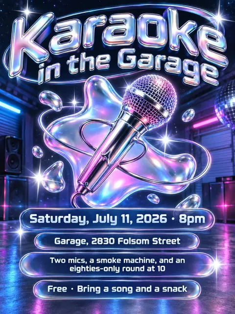 Y2K Chrome style party flyer for a fictional house: Karaoke in the Garage