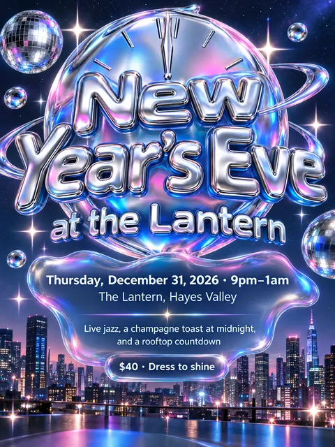 Y2K Chrome style party flyer for a fictional holiday: New Year's Eve at the Lantern