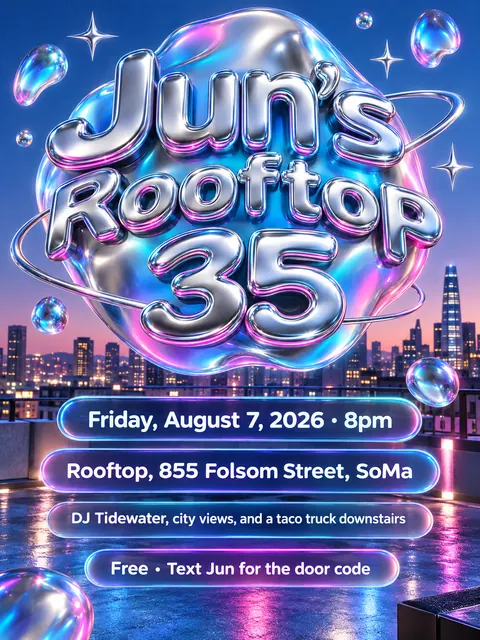 Y2K Chrome style party flyer for a fictional birthday: Jun's Rooftop 35
