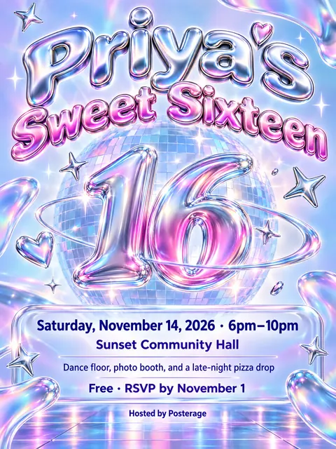 Y2K Chrome style party flyer for a fictional birthday: Priya's Sweet Sixteen