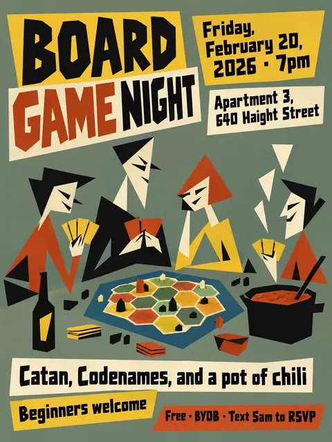 Zagreb School Animation style party flyer for a fictional house: Board Game Night