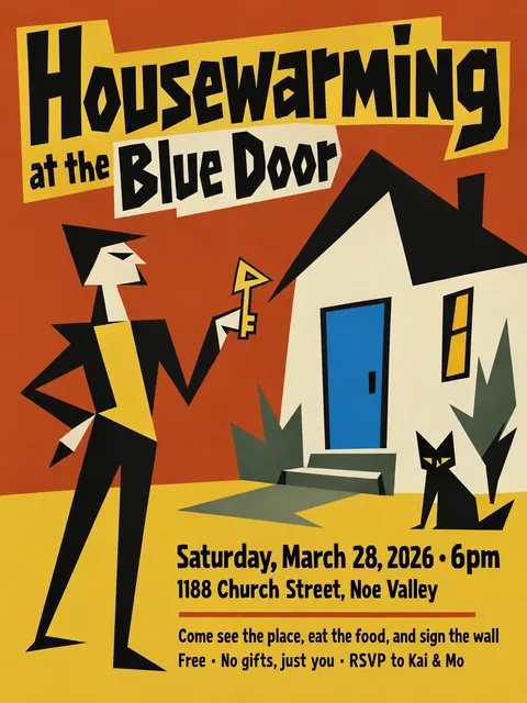 Zagreb School Animation style party flyer for a fictional house: Housewarming at the Blue Door