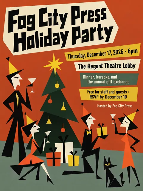 Zagreb School Animation style party flyer for a fictional holiday: Fog City Press Holiday Party