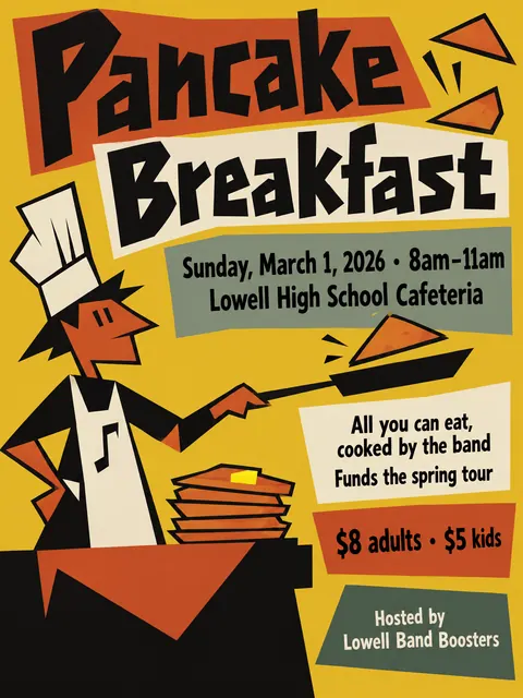 Zagreb School Animation style party flyer for a fictional fundraiser: Pancake Breakfast