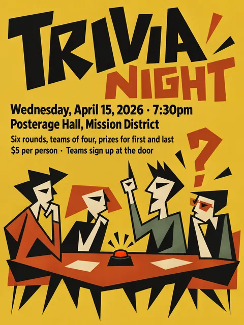 Zagreb School Animation style party flyer for a fictional house: Trivia Night