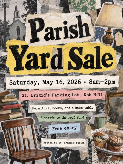 Zine Cut-and-Paste style party flyer for a fictional church: Parish Yard Sale
