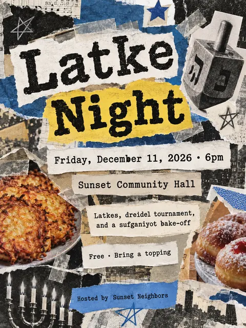 Zine Cut-and-Paste style party flyer for a fictional holiday: Latke Night
