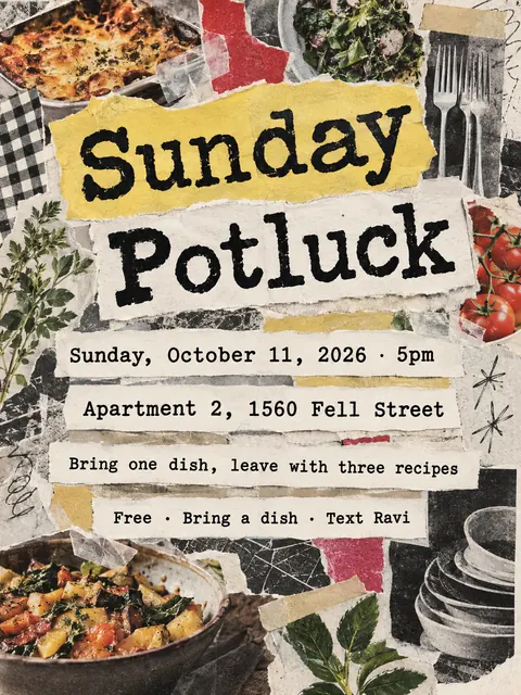 Zine Cut-and-Paste style party flyer for a fictional house: Sunday Potluck
