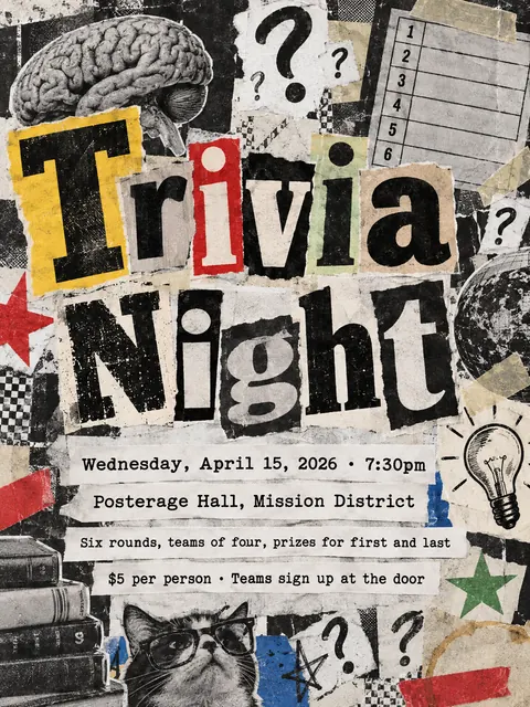 Zine Cut-and-Paste style party flyer for a fictional house: Trivia Night