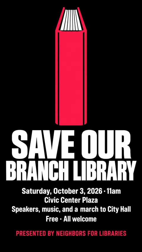ACT UP / AIDS Crisis Activism style social post for a fictional story: Save Our Branch Library