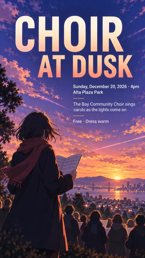 Anime style social post for a fictional story: Choir at Dusk