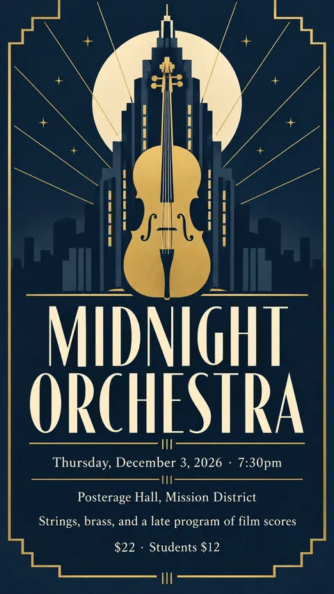 Art Deco style social post for a fictional story: Midnight Orchestra