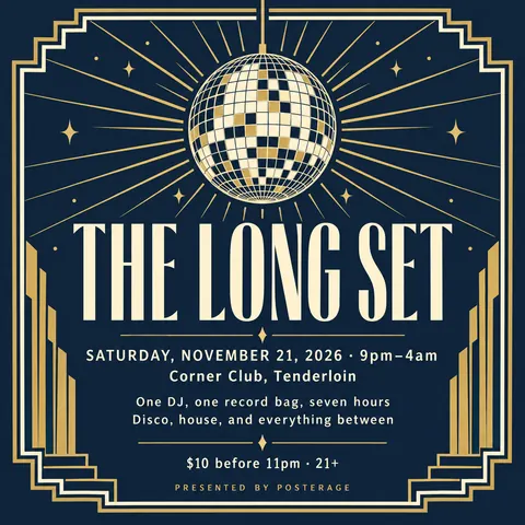 Art Deco style social post for a fictional post: The Long Set
